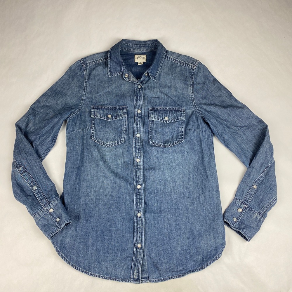 J Crew Chambray Shirt Women's Size 4 Western Button down in Vintage Indigo Blue